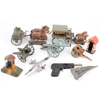 Lot 93 - Two Elastolin Germany military horse-drawn wagons, and other tin-plate military models etc.
