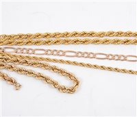 Lot 264 - A collection of 9 carat yellow gold jewellery - a 5.5mm wide figaro link bracelet