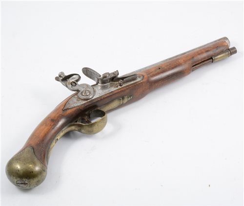 Lot 182 - Flintlock pistol, 24 cm barrel, brass mounted walnut stock.
