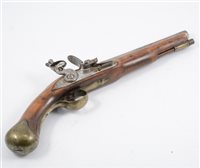 Lot 182 - Flintlock pistol, 24 cm barrel, brass mounted walnut stock.