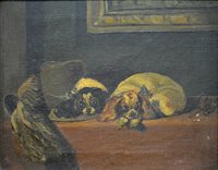Lot 357 - Unsigned oil on canvas, spaniels on a table in an interior with top hat, 19cm x 24cm.