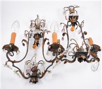 Lot 238 - A pair of  twin arm metal wall light fittings with faceted and coloured glass lustres