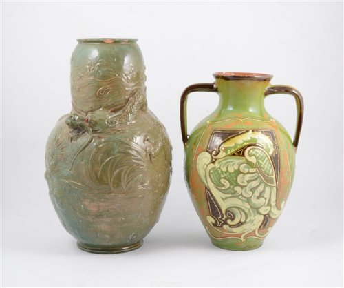 Lot 31 - A Bretby Art Pottery Dragon vase, and a large Brannam Ware vase, damages