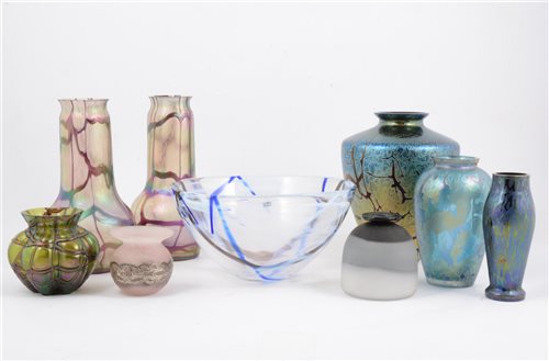 Lot 73 - A modern Kosta Boda Art Glass bowl, together with six iridescent glass vases