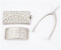 Lot 248 - Two silver stamp cases, a rectangular double stamp case, envelope design, scroll and leaf pattern, 6cm x 3.2cm, Birmingham 1909, Rd No. 540976, and a George III curved stamp case with engraved pattern