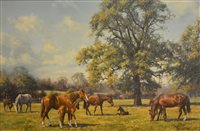 Lot 272 - Frederick J Haycock, summer landscape, mares with foals out at pasture, oil on canvas, 50cm x 75cm. signed and dated '83 bottom right.