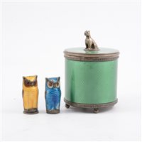 Lot 247 - A silver and enamelled caddy by David Andersen, Norway, and two owl cruets