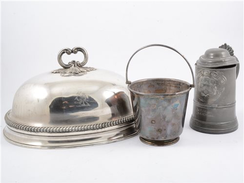Lot 145 - A glass-bottomed 2 pint pewter tankard by Watts & Harton, and other plate and metal wares.