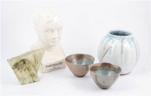 Lot 16 - A Carn Pottery vase, two salt-glazed bowls, another Studio Pottery vase, and a Phrenology bust