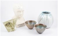 Lot 16 - A Carn Pottery vase, two salt-glazed bowls, another Studio Pottery vase, and a Phrenology bust