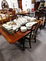 Lot 414 - Queen Anne style mahogany drawer leaf dining table, and three dining chairs, circa 1920s (4).