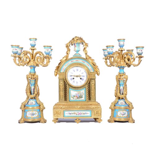 Lot 211 - Louis XVI style gilt metal and Bleu Celeste porcelain clock garniture, late 19th Century