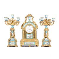 Lot 211 - Louis XVI style gilt metal and Bleu Celeste porcelain clock garniture, late 19th Century