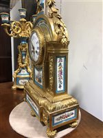 Lot 211 - Louis XVI style gilt metal and Bleu Celeste porcelain clock garniture, late 19th Century