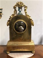 Lot 211 - Louis XVI style gilt metal and Bleu Celeste porcelain clock garniture, late 19th Century