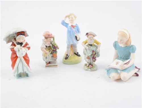 Lot 8 - A group of Royal Doulton nursery rhyme / literature-related figurines (6) and Voight Sitzendorf figurines (2)