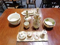 Lot 61 - A collection of Crown Devon blush ivory decorative ceramics, dressing table set in the "Wye" pattern
