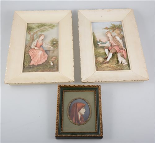 Lot 185 - Pellegrini, miniature portrait and a pair of Continental porcelain plaques, (3).