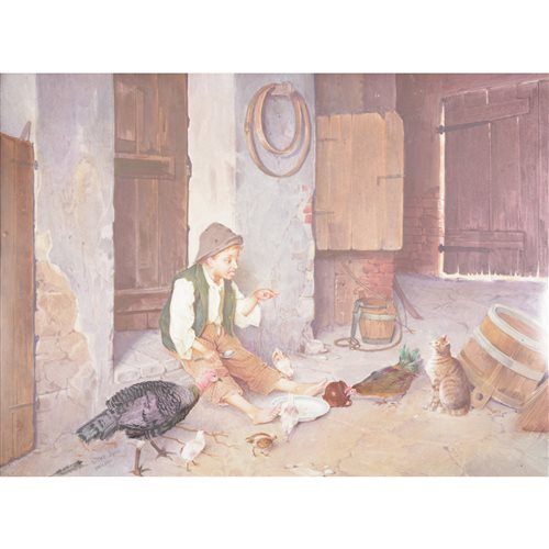 Lot 270 - Lucot after Gaetano Chierici, Boy in a yard with a cat, chickens and fowl