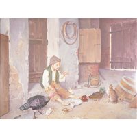 Lot 270 - Lucot after Gaetano Chierici, Boy in a yard with a cat, chickens and fowl