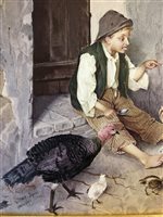 Lot 270 - Lucot after Gaetano Chierici, Boy in a yard with a cat, chickens and fowl