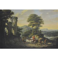 Lot 284 - English School, circa 1800, Figures and cattle by ruins, oil on relined canvas.