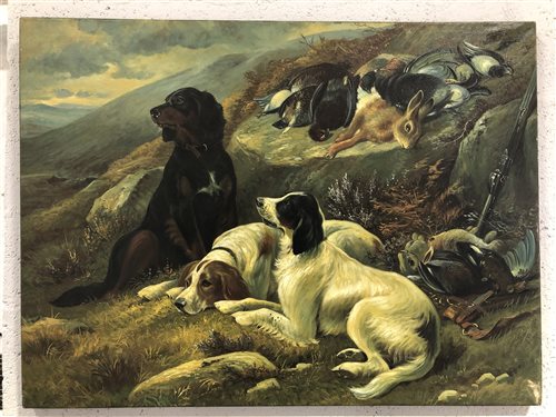 Lot 282 - Contemporary, retrievers and dead game, oil on canvas backed with board.