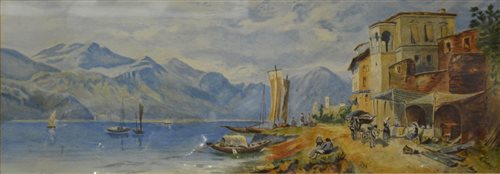 Lot 316 - Follower of Thomas Lees Rowbotham, Italian lake scenes, pair of watercolours, 21cm x 59cm.