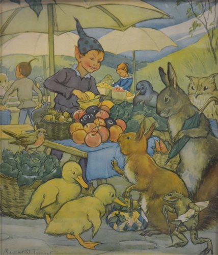 Lot 305 - After Margaret Tarrant, Pixies picnic, a colour nursery print 53 x 43cm and two similar, [3]