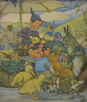 Lot 305 - After Margaret Tarrant, Pixies picnic, a colour nursery print 53 x 43cm and two similar, [3]