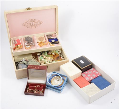 Lot 277 - Box of modern and vintage costume jewellery, bead necklaces, brooches, bangles and rings, two RAF sweetheart brooches.