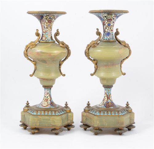 Lot 91 - A pair of green marble and cloisonne enamel garnitures, vase shaped candleholders each standing on six enamel feet, 32cm high.