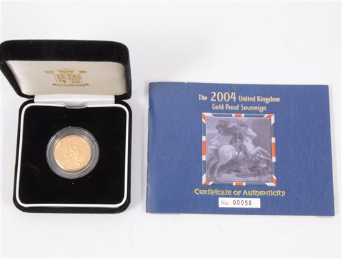 Lot 203 - Proof Full Sovereign Elizabeth II 2004 - in black velvet case with Royal Mint leaflet number 00058 and outer cardboard box.
