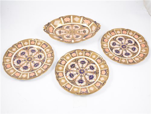 Lot 13 - Royal Crown Derby Old Imari pattern oval dessert dish, and three matching plates, [4]