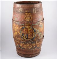 Lot 234 - Coopered barrel painted with the Royal coat of arms, 62cm high.