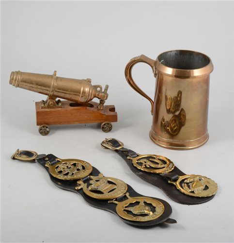 Lot 173 - A quantity of brassware to include 3 reproduction martingales, decorative ornaments and a mahogany cased barometer / thermometer