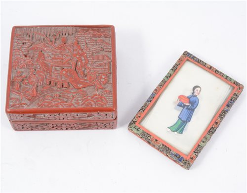 Lot 242 - A cinnabar lacquer-style box, 11cm x 10cm, and thirteen rice paper miniatures 9.5cm x 6cm.