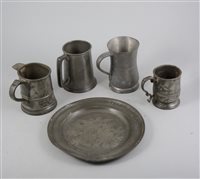 Lot 167 - Collection of pewter tankards and spoons and two plates, some of Russian origin.