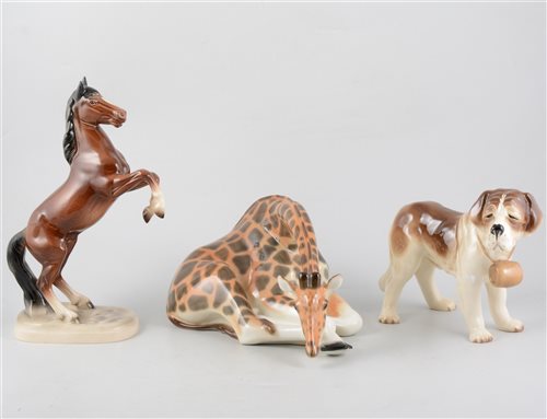 Lot 67 - A collection of Beswick and other china horses and animals, including Beswick black and white horse, 'Bosun' bulldog and 'Robin' 980, Lomonosov giraffe and JEMA Holland Bassett Hound. (20)
