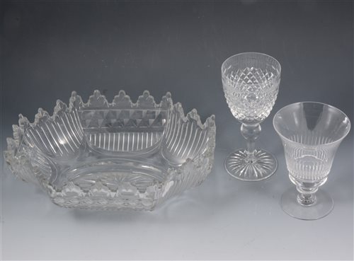 Lot 60 - Regency cut glass dessert dish, width 31cm, set of six lead crystal wine glasses, and a collection of rummers .