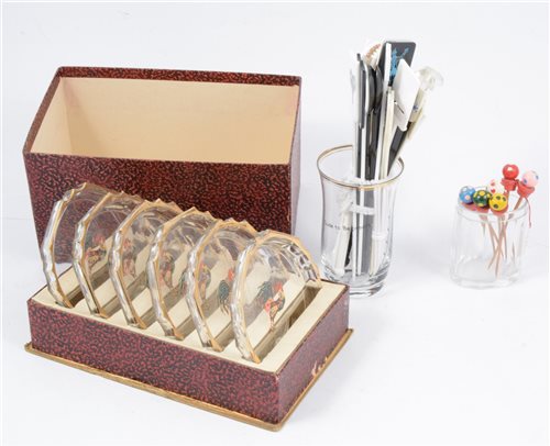 Lot 96 - A collection of cocktail sticks, other cocktail related items and household linen, [2 boxes]