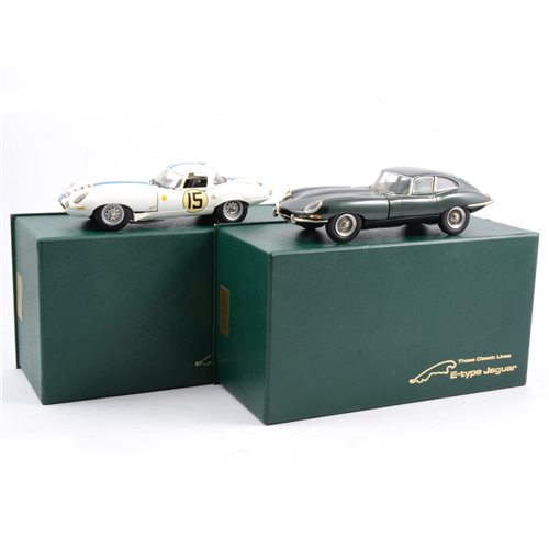 Lot 263 - Those Classic Lines metal model CL6 Jaguar E-Type Coupe series 1, and a CL1LE Jaguar E-Type lightweight racing number 15, approximately 1:24 scale, with wooden plinths, both boxed, (2).
