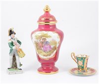 Lot 48 - A Limoges porcelain covered vase, after Fragonard, 30cm, a Noritake style oval cabaret tray and other ornamental porcelain.