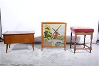 Lot 365 - An oak stool, upholstered seat, with barley twist legs; and oak framed fire screen; and a 1960s sewing box. (3)