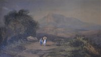 Lot 305 - Welsh School, Moel Siabad, North Wales, landscape with figures, watercolour, 19cm x 32cm.