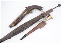 Lot 139 - Percussion pistol, small Khyber knife and an African knife, (3).