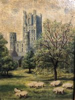 Lot 335 - English School, Ely Cathedral, oil on canvas laid on board, 34x23cm, and a collection of prints LIz Blakeman and others.