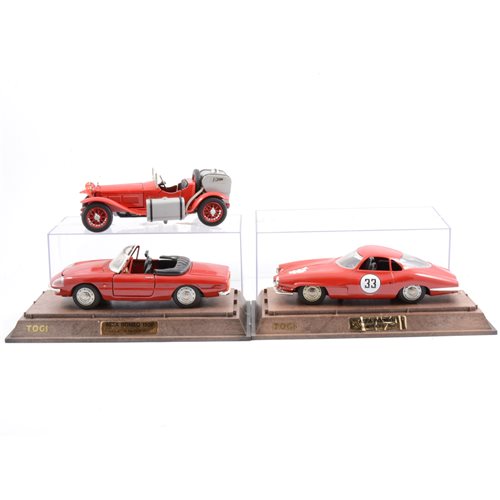 Lot 272 - Togi Italy metal models, including Alfa Romeo 1300 Giulietta Spider 1955, Alfa Romeo Giulietta S.S. 1960, both in plastic display cases, and another loose Alfa Romeo, all are 1:23 scale, (3).