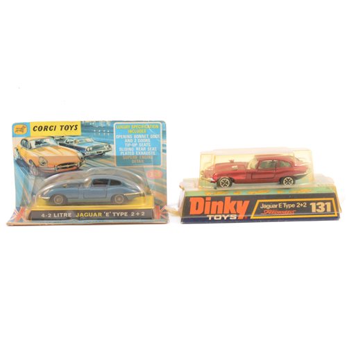 Lot 111 - Corgi Toys diecast 335 4.2 Litre Jaguar E-Type 2+2 in original box, and a Dinky 131 Jaguar E-Type 2+2 in original box, (2).