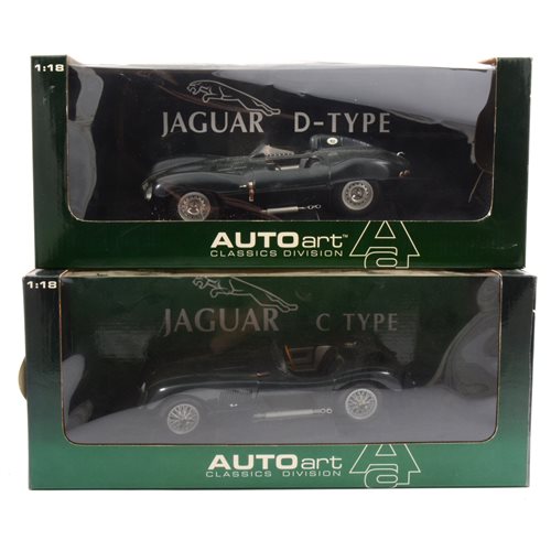 Lot 279 - Autoart Classics Division Jaguar D-Type model, boxed and another Jaguar C Type also by Autoart, both 1:18 scale, both boxed, (2).